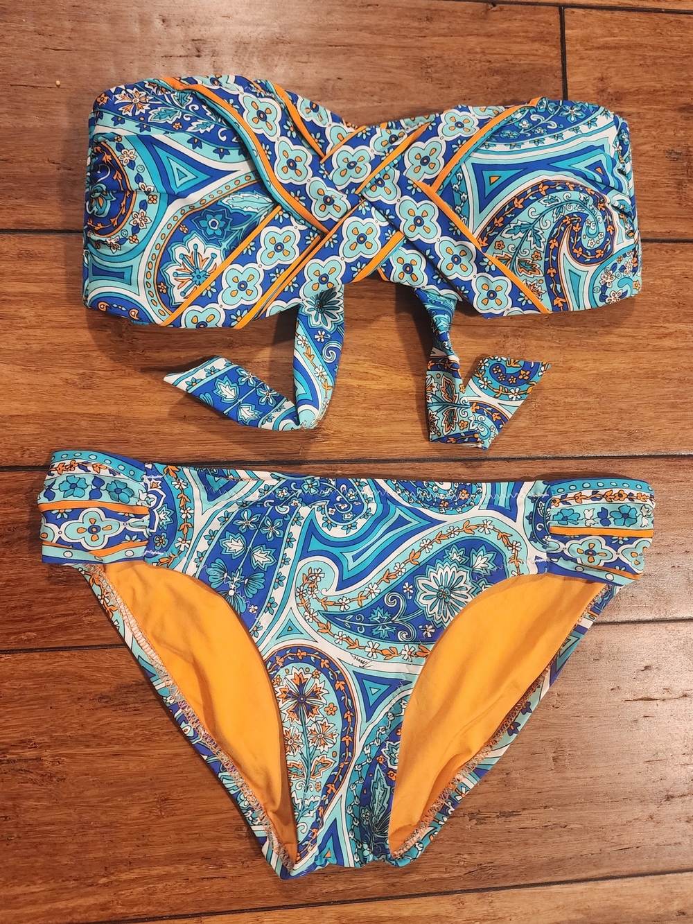 Tina Trunk Blue Paisley Bandeau Bikini with Orange Lining Size 6